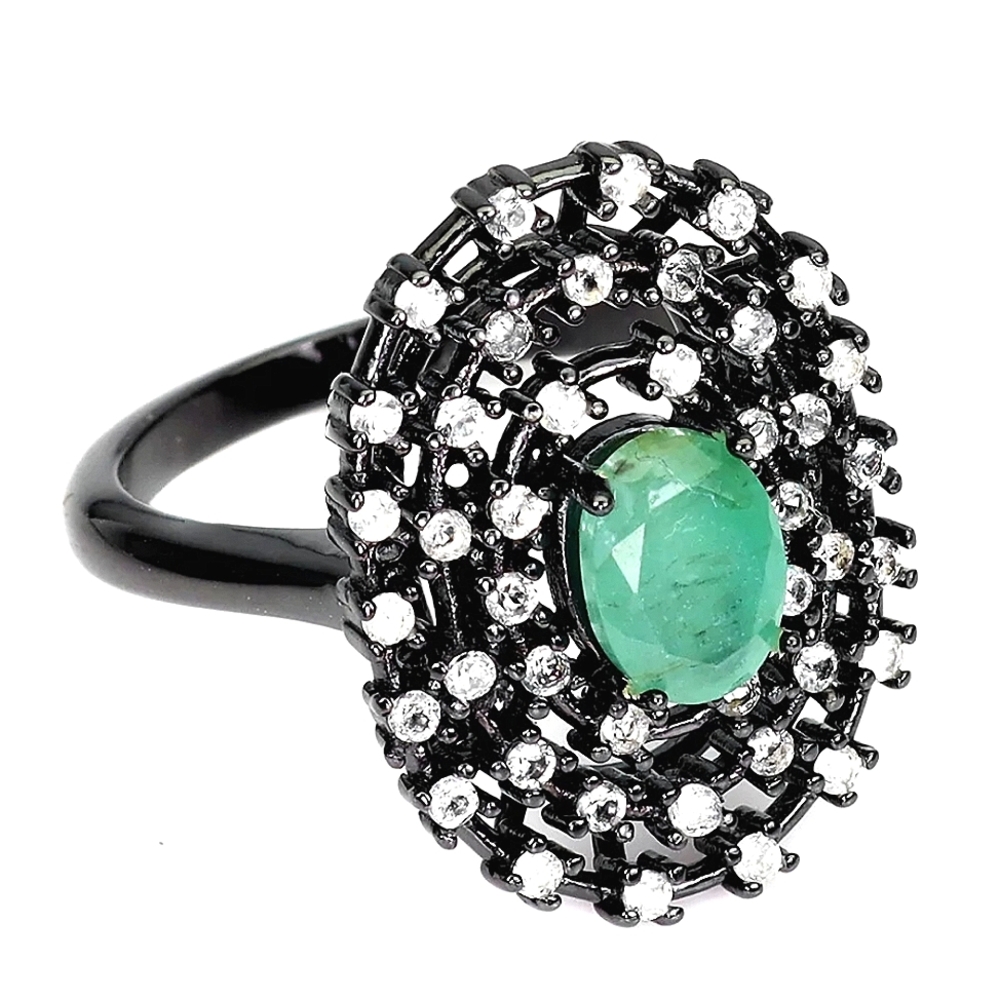 Natural Green Emerald 7x5mm White Topaz 925 Sterling Silver Ring Size‎ 6.…